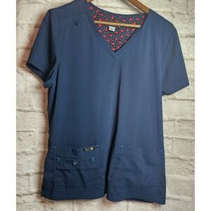 Koi Basics Womens Size X 4 Pocket Stretch Scrub Top  Blue Badge Loop Comfort EUC